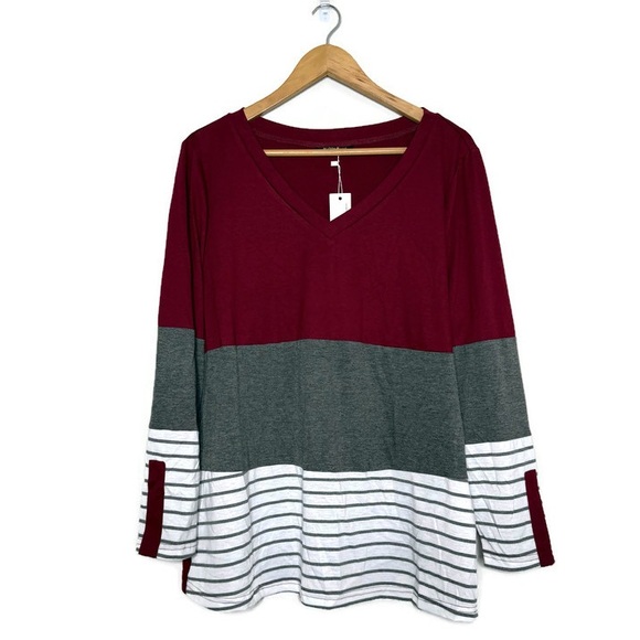 Bloomchic Burgundy Colorblock Contrast Striped V Neck T-shirt Women’s 1X 14-16 - Picture 2 of 11